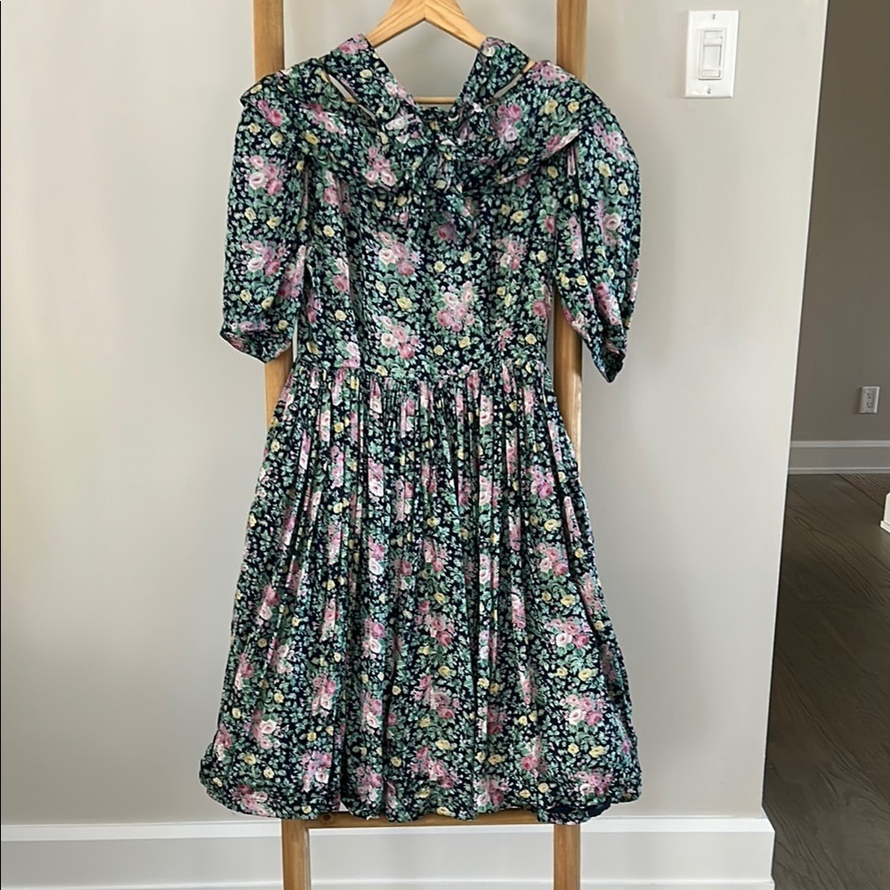 René Derhy Paris Vintage Floral Dress with Boat+Bow Detachable Collar SZ Small